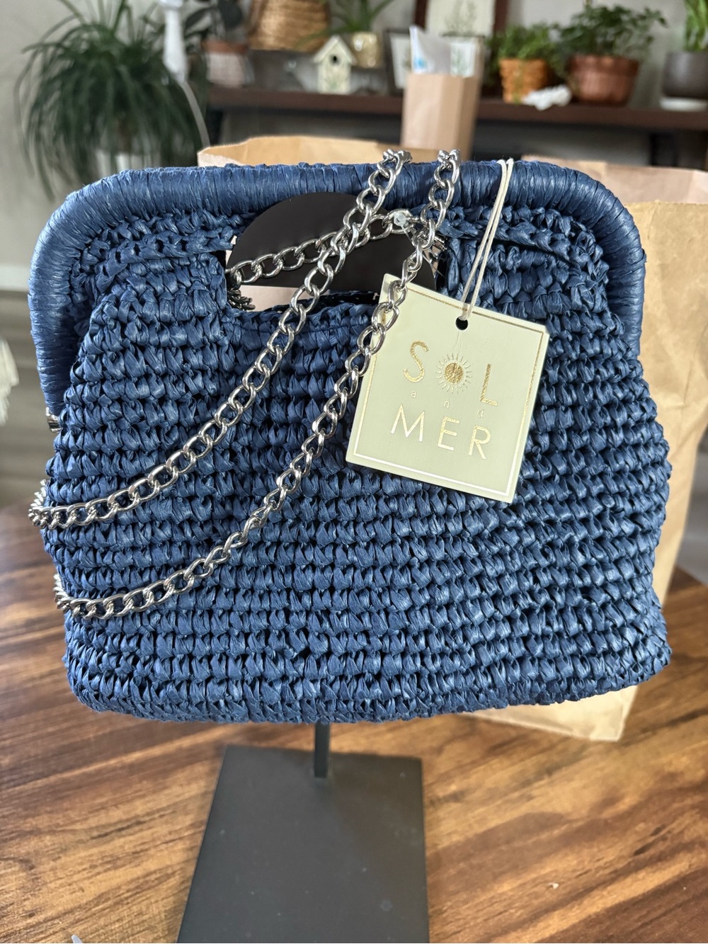 Sol Mer Navy Woven Crossbody Bag with Chain Strap